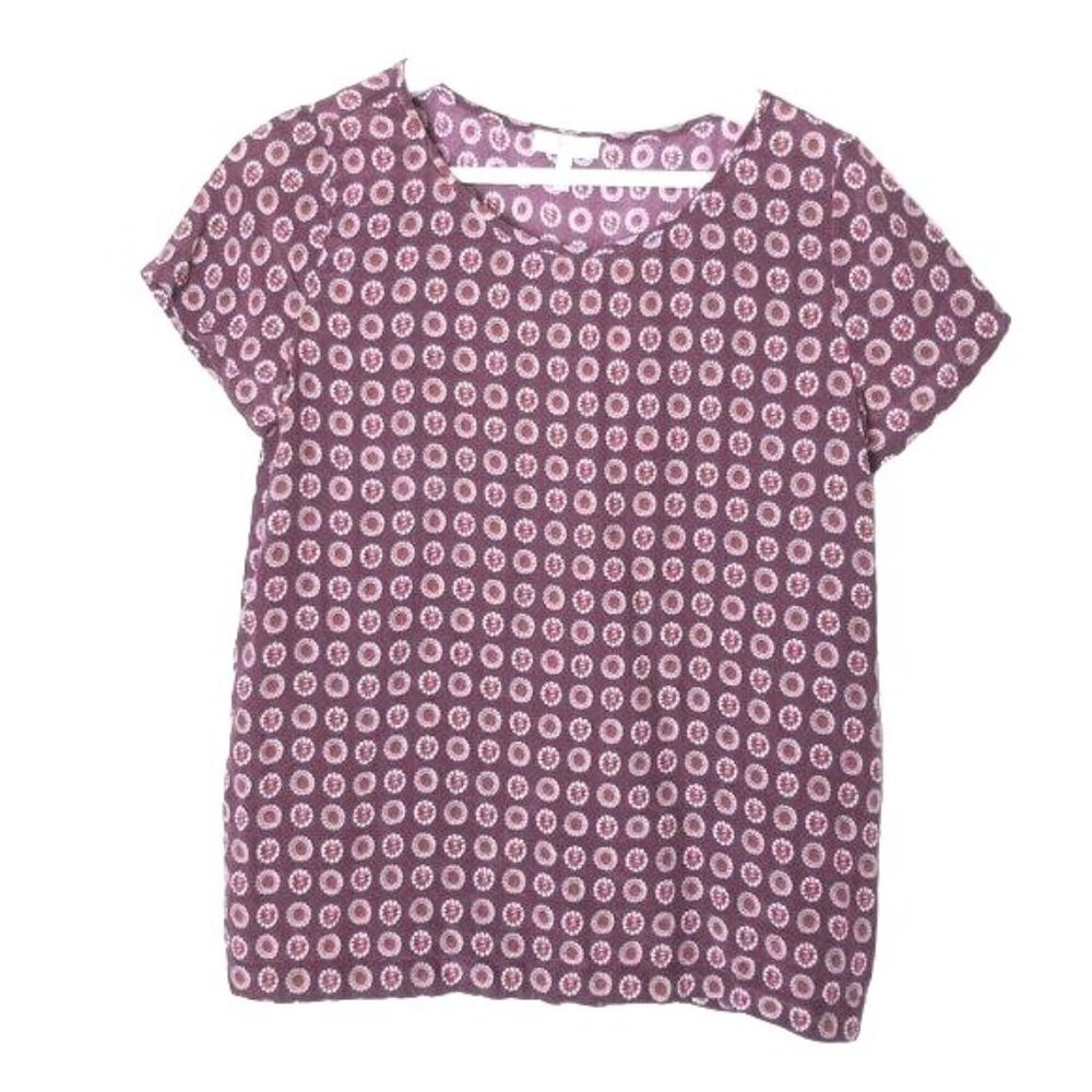 Joie Small Silk Blouse Burgandy geometric print Short sleeve Crew neck